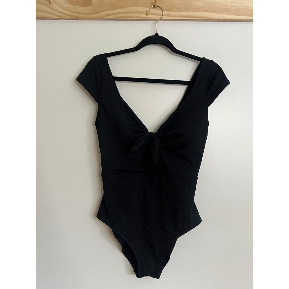 Boden One‎ Piece Swimsuit Cap Sleeves V-Neck Tie Detail Black Women Size 6 Beach